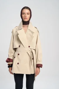 ترنچ کت کوتاه کمربنددار بژ تایرا