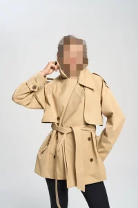 ترنچ کت کوتاه کمربنددار شتری تایرا 